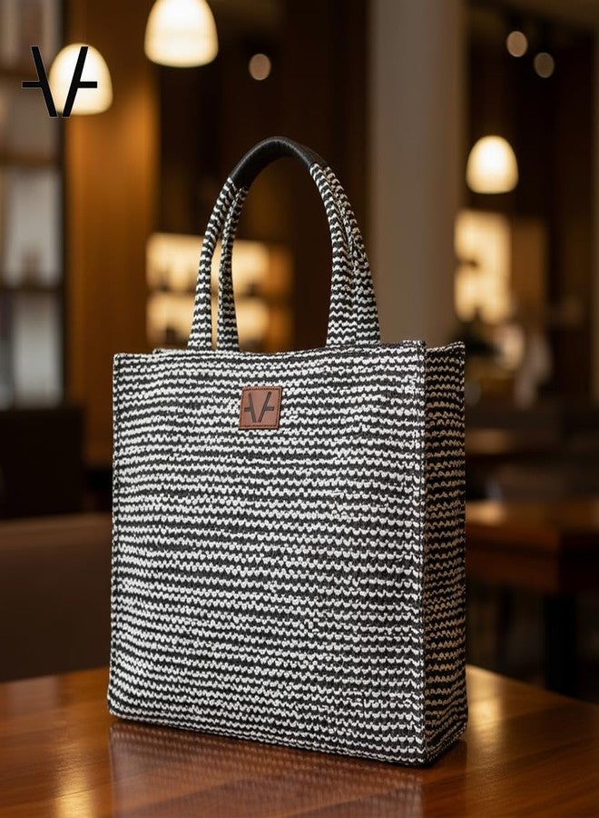 Avake Monochrome Mosaic Hand Bag with Raffia and Vegan Leather Accents | Fits 14-Inch Laptop | Stylish & Durable | Lightweight Shoulder Bag for Work, Travel & Daily Use | Made in India - Image 2